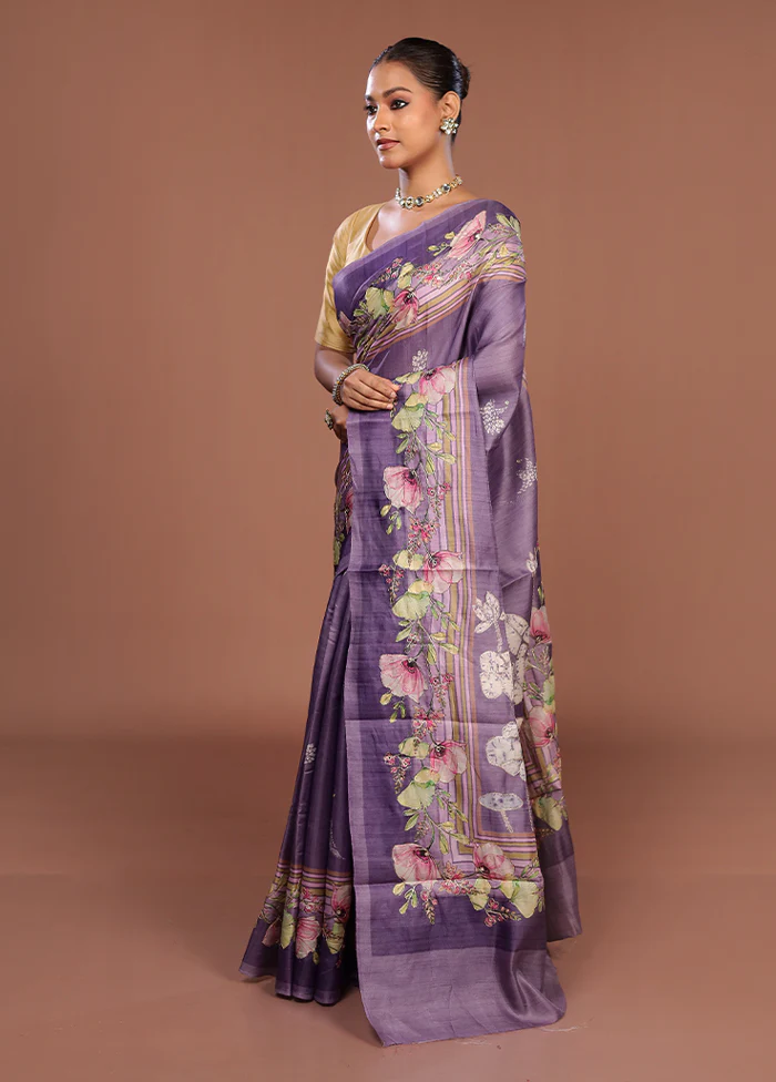 Purple Tussar Silk Saree With Blouse Piece - Image 4