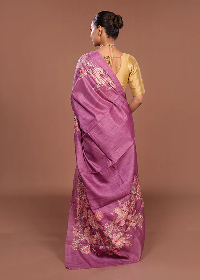 Purple Tussar Silk Saree With Blouse Piece - Image 3