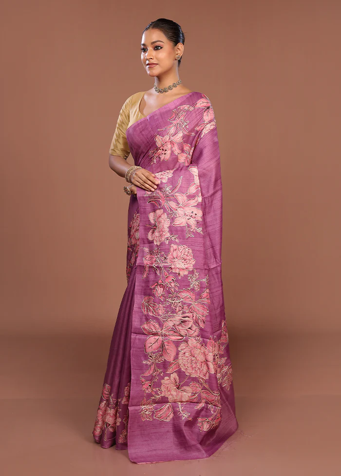 Purple Tussar Silk Saree With Blouse Piece - Image 4