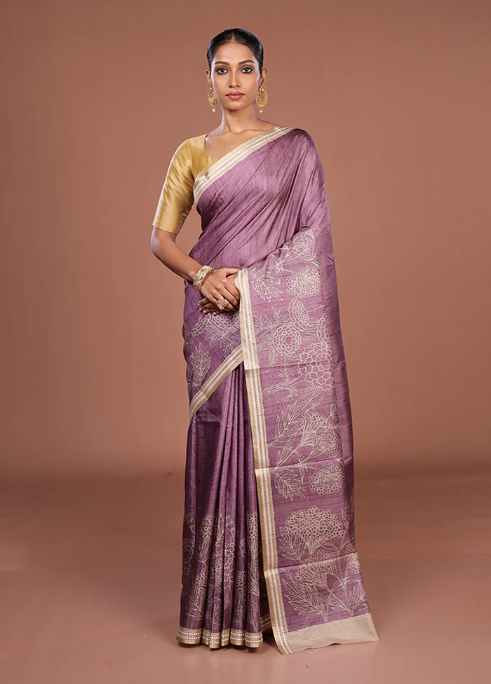 Purple Tussar Silk Saree With Blouse Piece - Image 2