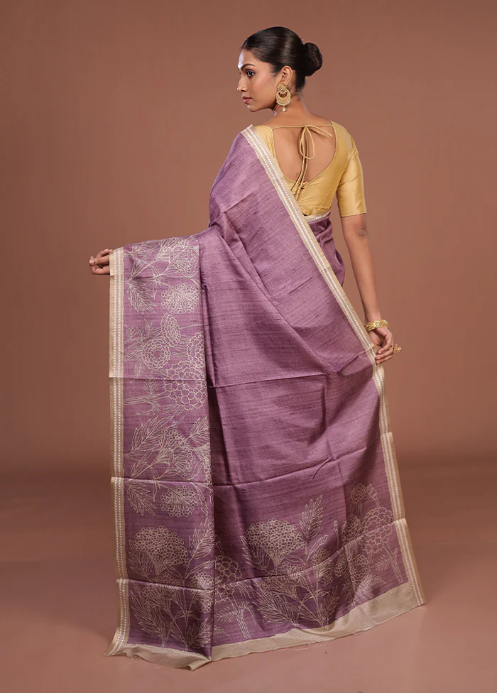Purple Tussar Silk Saree With Blouse Piece - Image 3