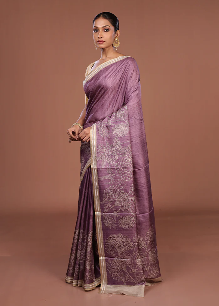 Purple Tussar Silk Saree With Blouse Piece - Image 4
