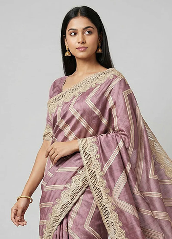 Purple Tussar Silk Saree With Blouse Piece - Image 2