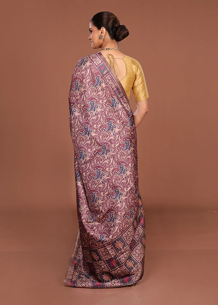 Purple Tussar Silk Saree With Blouse Piece - Image 3