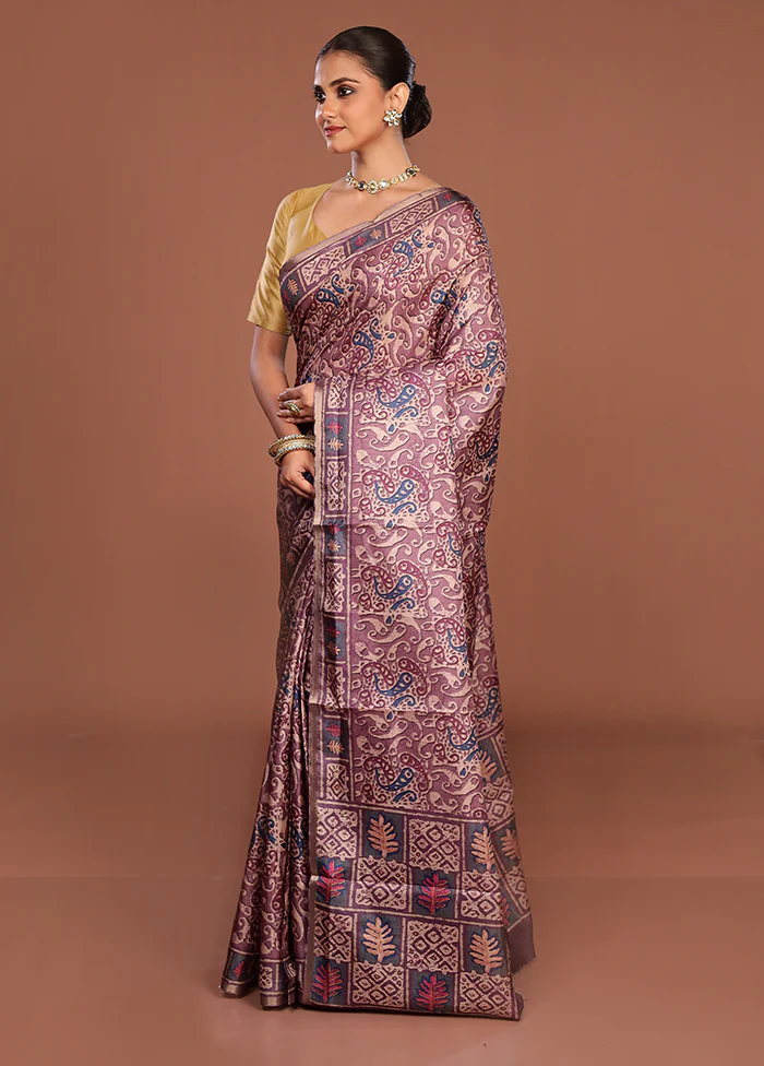 Purple Tussar Silk Saree With Blouse Piece - Image 4