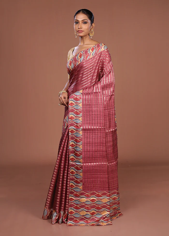 Purple Tussar Silk Saree With Blouse Piece - Image 4