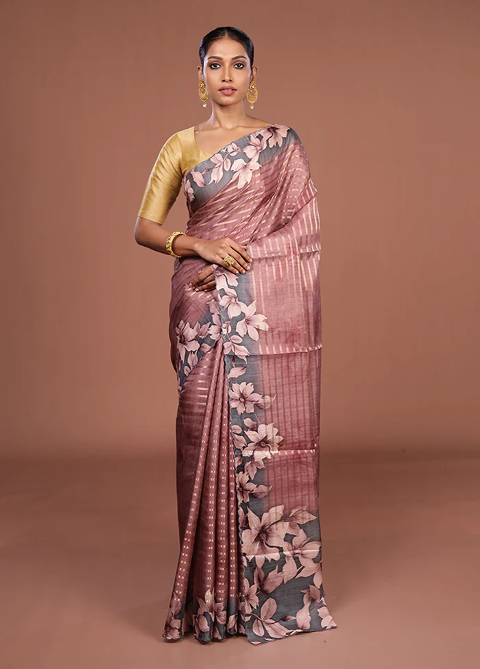 Purple Tussar Silk Saree With Blouse Piece - Image 2