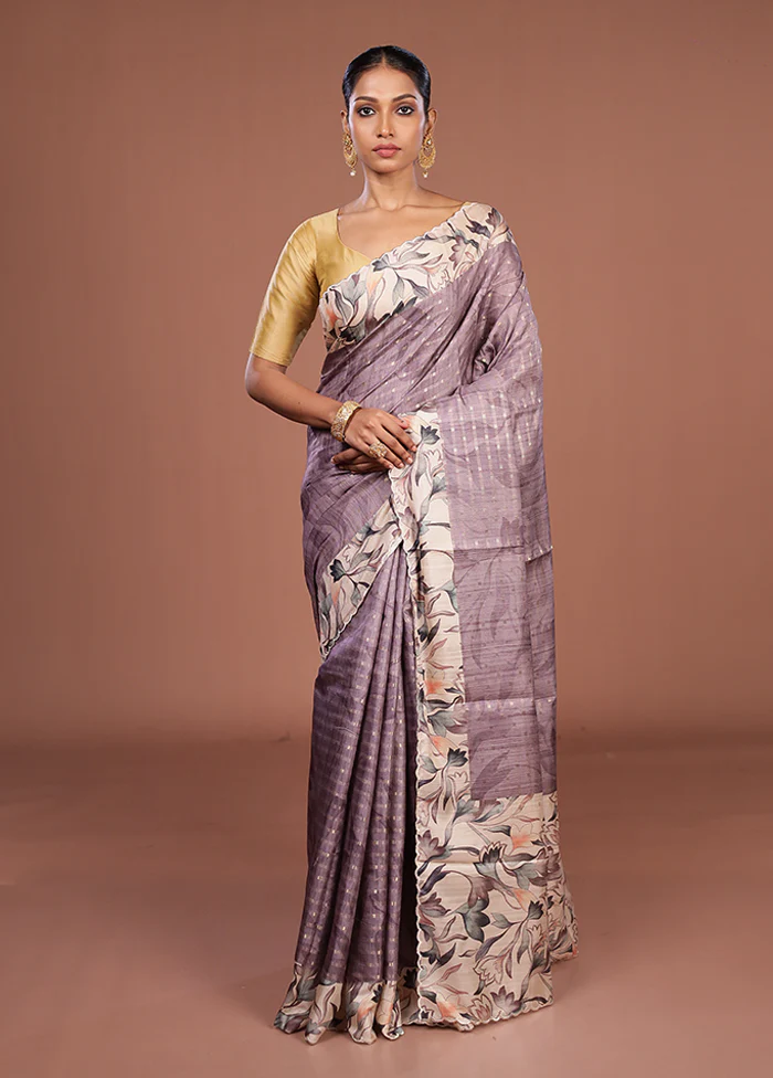 Purple Tussar Silk Saree With Blouse Piece - Image 2