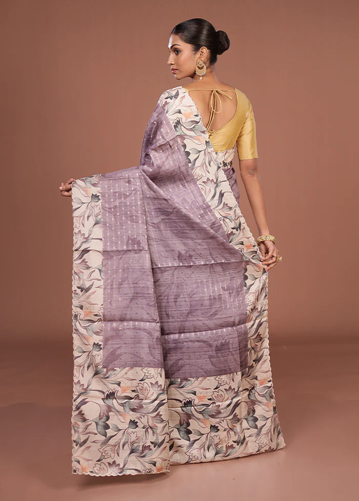 Purple Tussar Silk Saree With Blouse Piece - Image 3