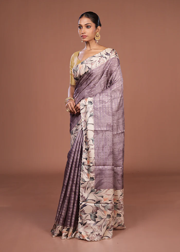 Purple Tussar Silk Saree With Blouse Piece - Image 4