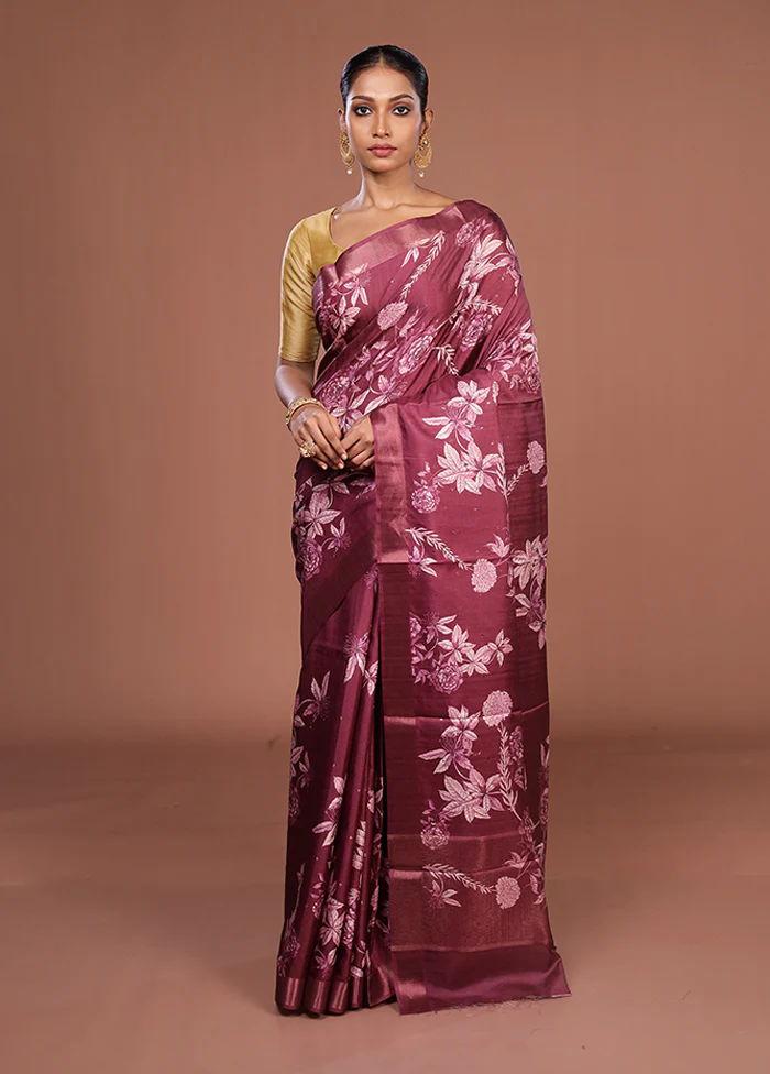 Maroon Tussar Silk Saree With Blouse Piece - Image 2