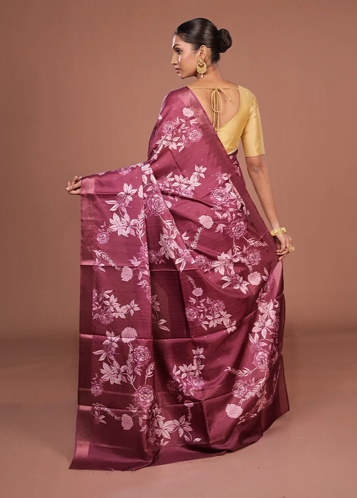 Maroon Tussar Silk Saree With Blouse Piece - Image 3