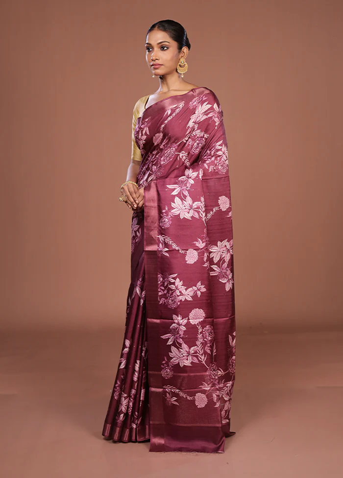 Maroon Tussar Silk Saree With Blouse Piece - Image 4