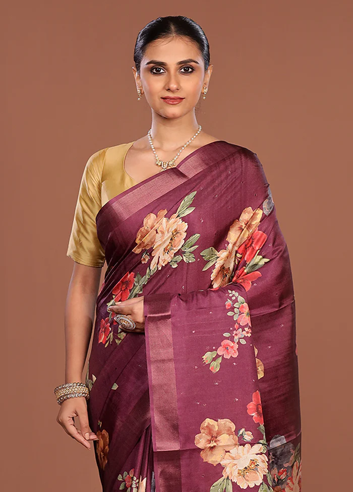 Purple Tussar Silk Saree With Blouse Piece
