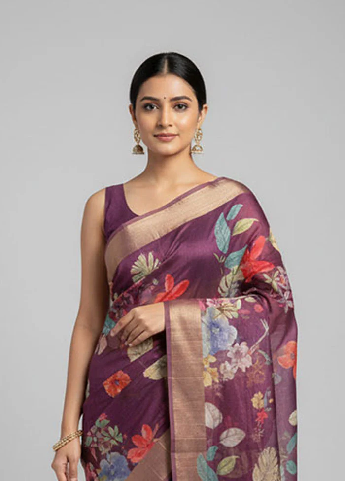 Purple Tussar Silk Saree With Blouse Piece - Image 2