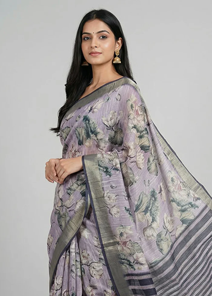 Purple Tussar Silk Saree With Blouse Piece - Image 2