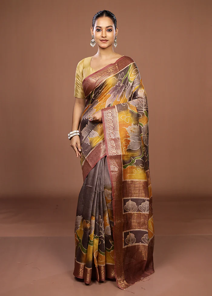 Brown Tussar Silk Saree With Blouse Piece - Image 2