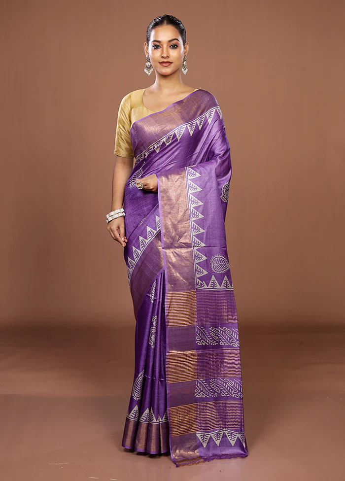 Purple Tussar Silk Saree With Blouse Piece - Image 2