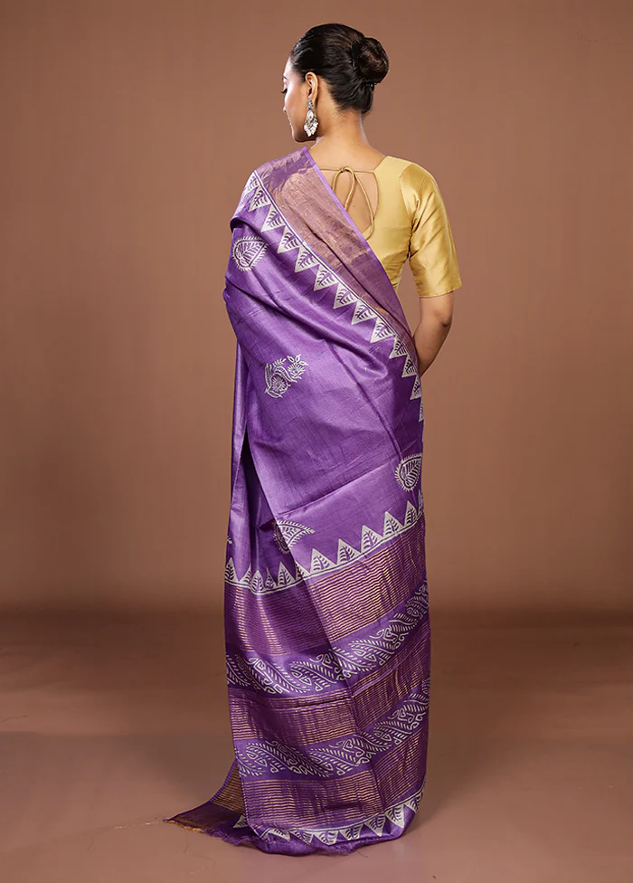 Purple Tussar Silk Saree With Blouse Piece - Image 3