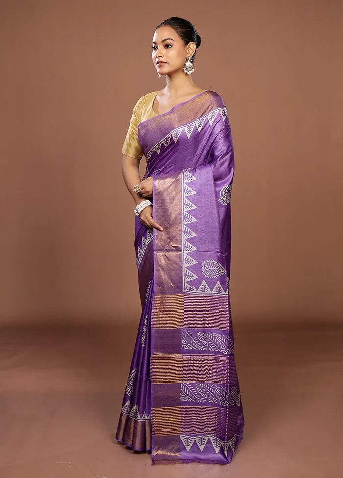 Purple Tussar Silk Saree With Blouse Piece - Image 4