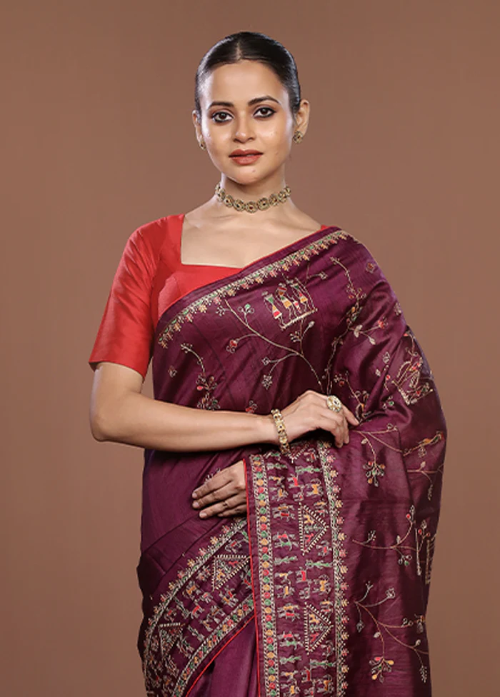 Purple Tussar Silk Saree With Blouse Piece