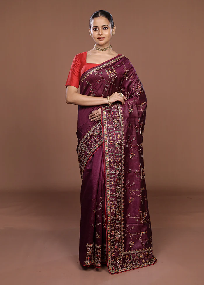 Purple Tussar Silk Saree With Blouse Piece - Image 2