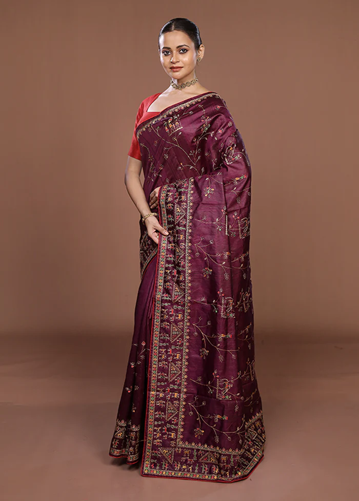 Purple Tussar Silk Saree With Blouse Piece - Image 4