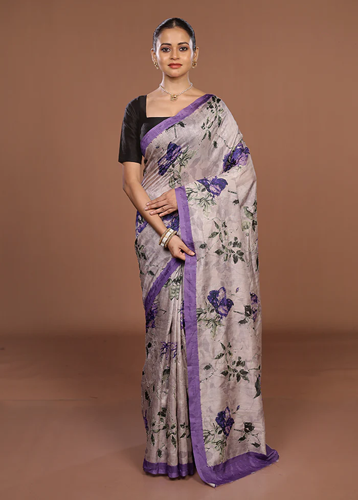 Purple Tussar Silk Saree With Blouse Piece - Image 2