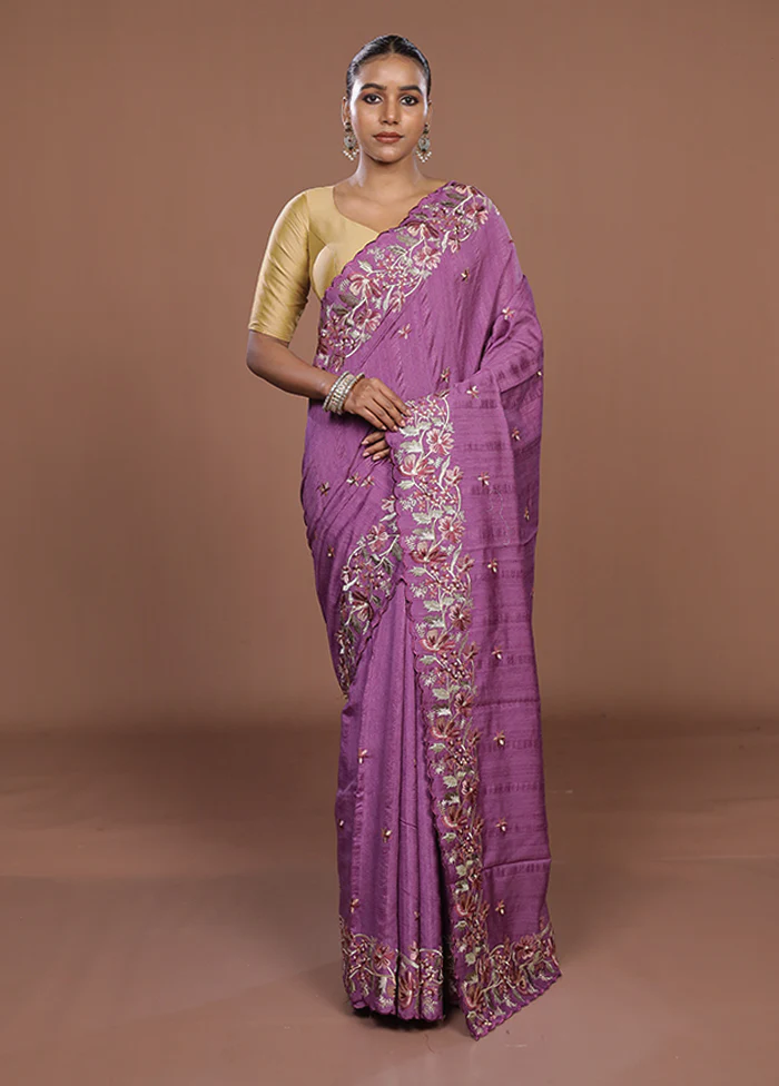 Purple Tussar Silk Saree With Blouse Piece - Image 2