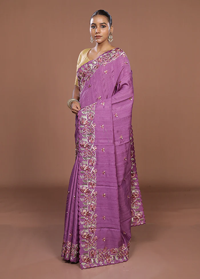 Purple Tussar Silk Saree With Blouse Piece - Image 4