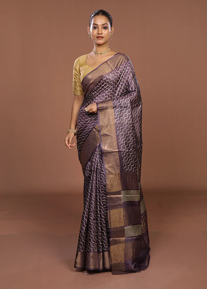 Purple Tussar Silk Saree With Blouse Piece - Image 2