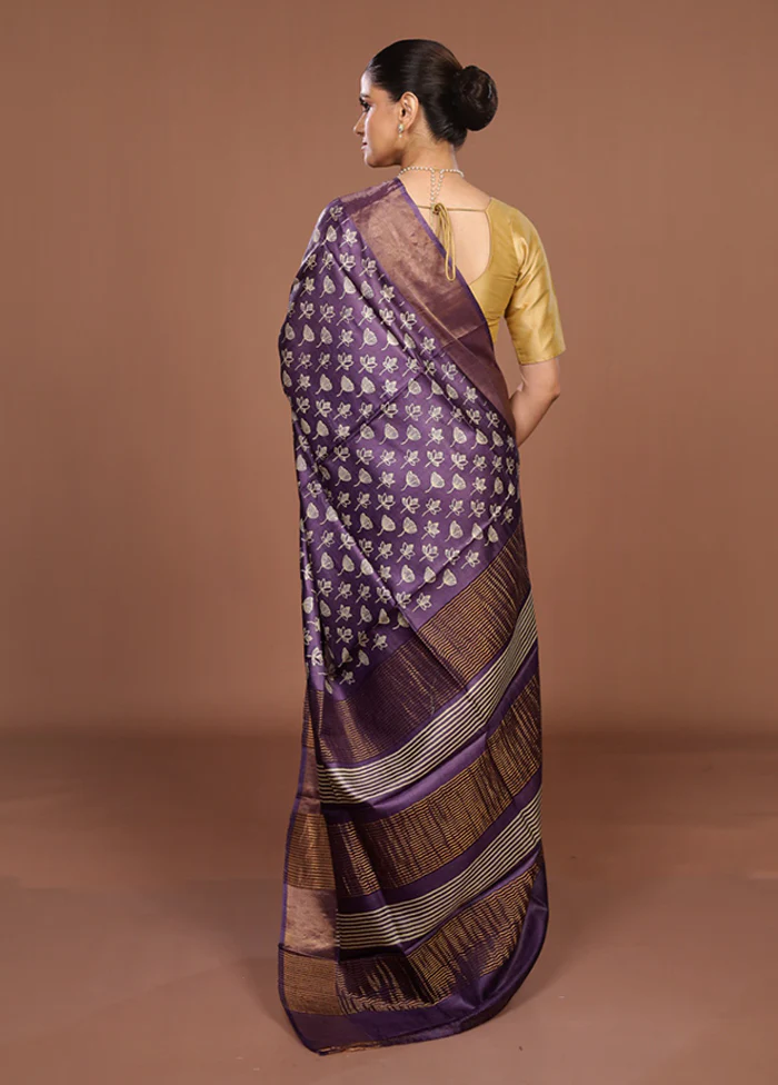 Purple Tussar Silk Saree With Blouse Piece - Image 3