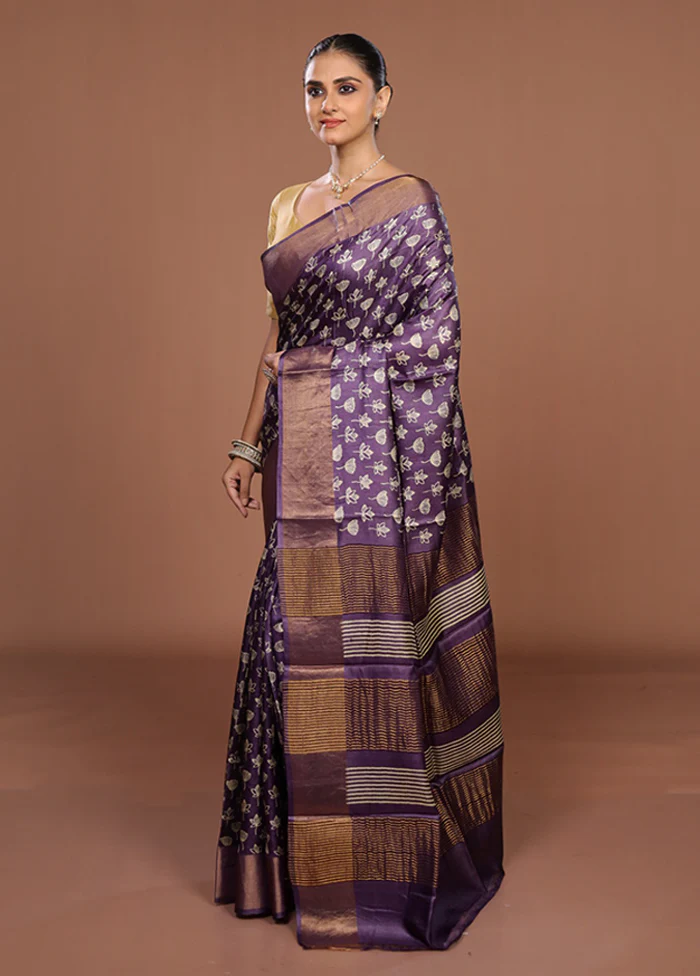Purple Tussar Silk Saree With Blouse Piece - Image 4