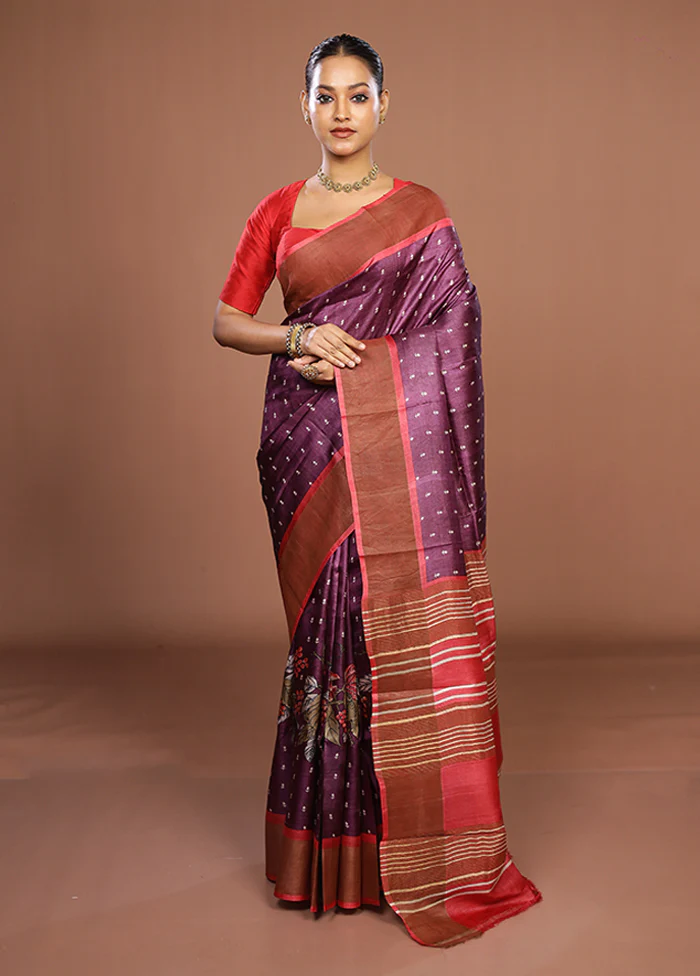 Purple Tussar Silk Saree With Blouse Piece - Image 2