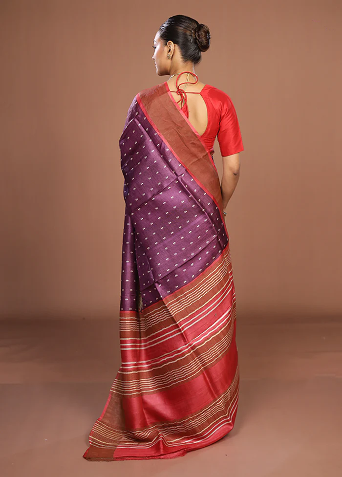 Purple Tussar Silk Saree With Blouse Piece - Image 3