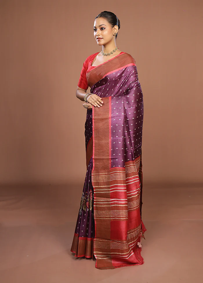 Purple Tussar Silk Saree With Blouse Piece - Image 4