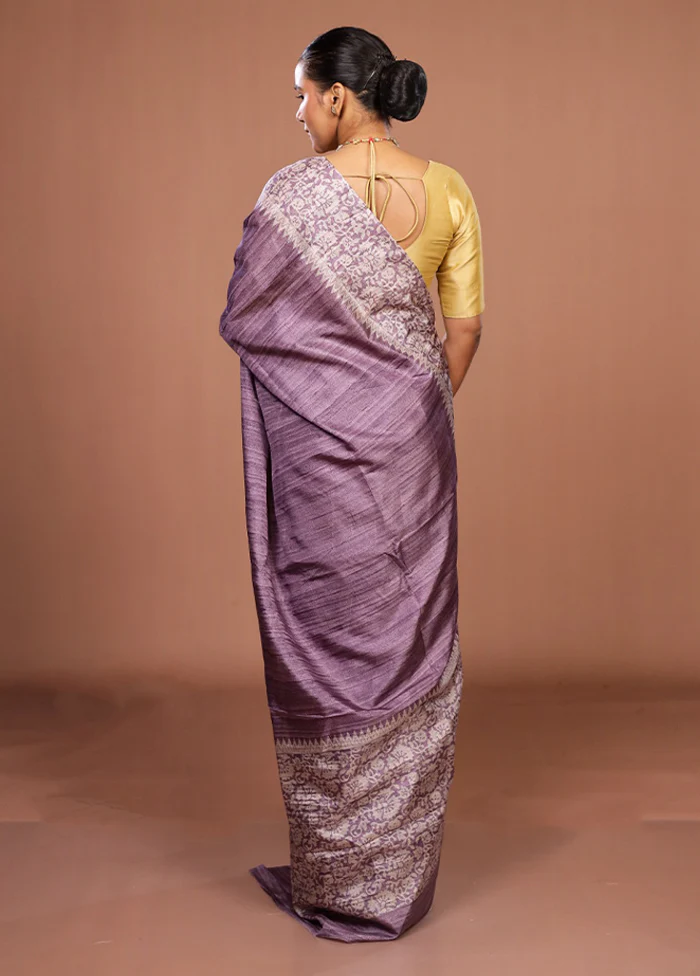 Purple Tussar Silk Saree With Blouse Piece - Image 3