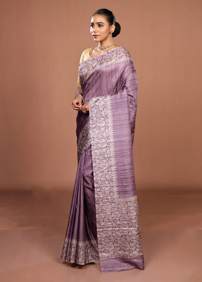 Purple Tussar Silk Saree With Blouse Piece - Image 4