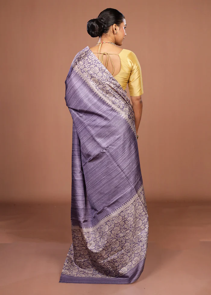 Purple Tussar Silk Saree With Blouse Piece - Image 3