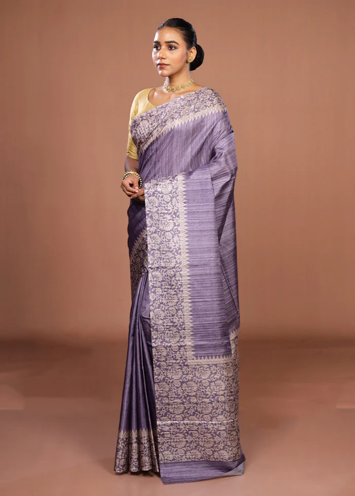 Purple Tussar Silk Saree With Blouse Piece - Image 4