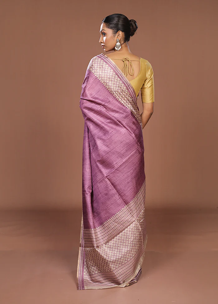 Purple Tussar Silk Saree With Blouse Piece - Image 3