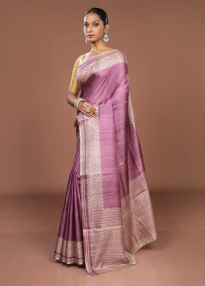 Purple Tussar Silk Saree With Blouse Piece - Image 4