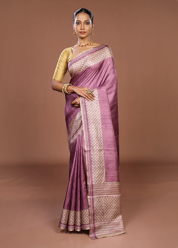 Purple Tussar Silk Saree With Blouse Piece - Image 2