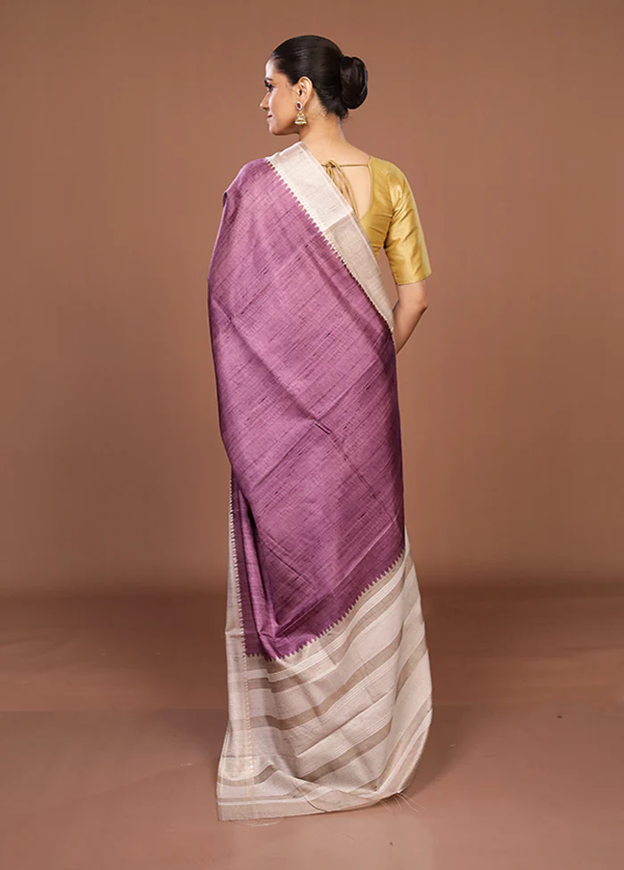 Purple Tussar Silk Saree With Blouse Piece - Image 3