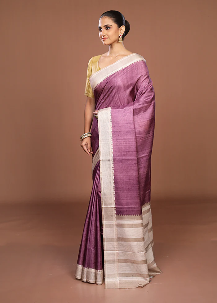 Purple Tussar Silk Saree With Blouse Piece - Image 4