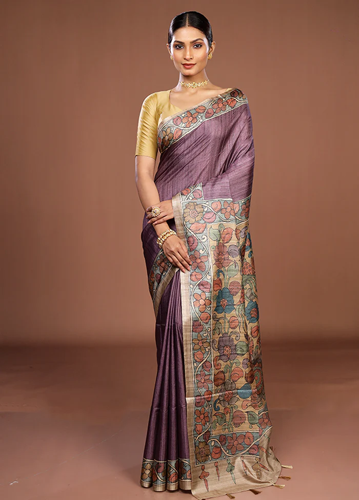 Purple Tussar Silk Saree With Blouse Piece - Image 2