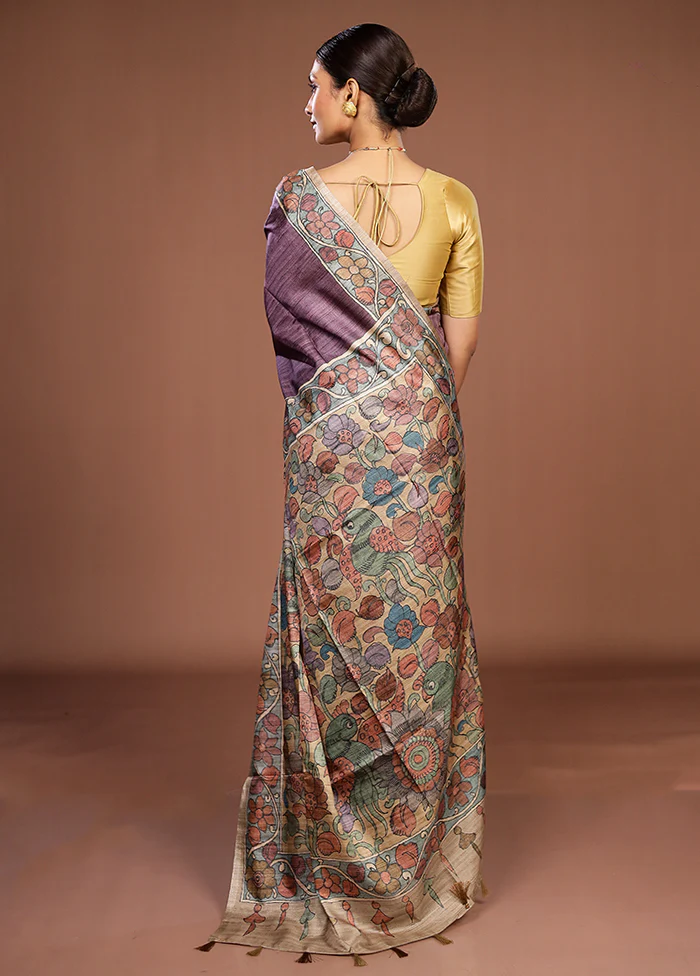 Purple Tussar Silk Saree With Blouse Piece - Image 3