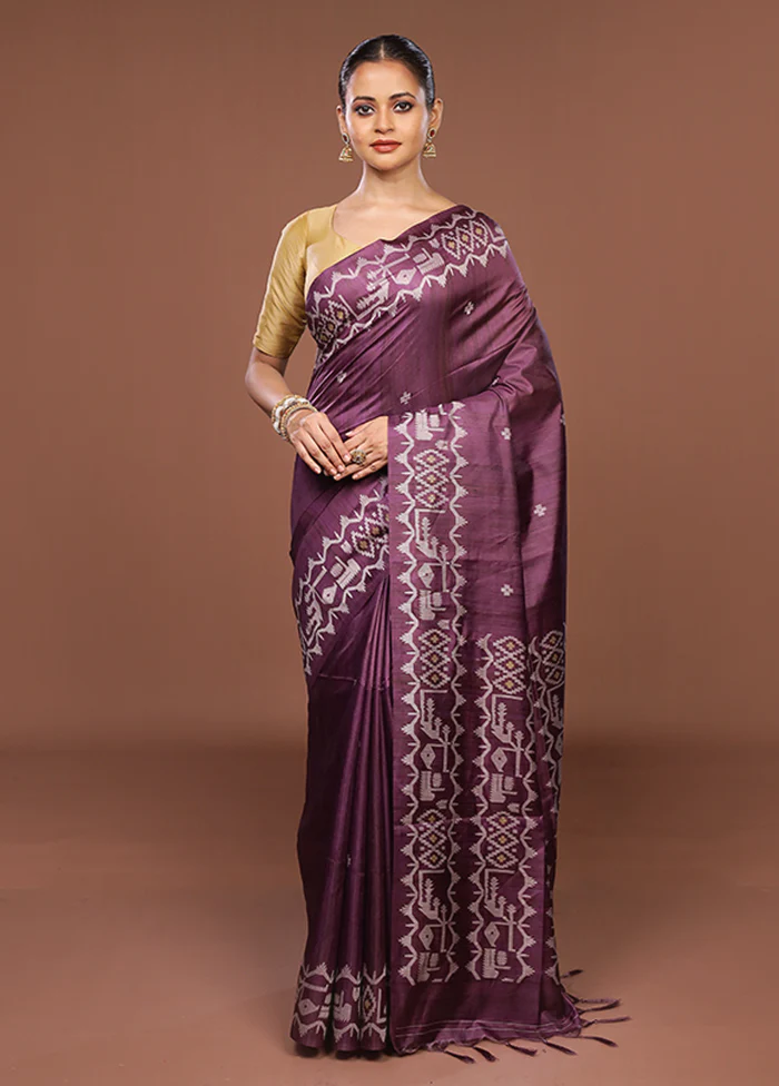 Purple Tussar Silk Saree With Blouse Piece - Image 2