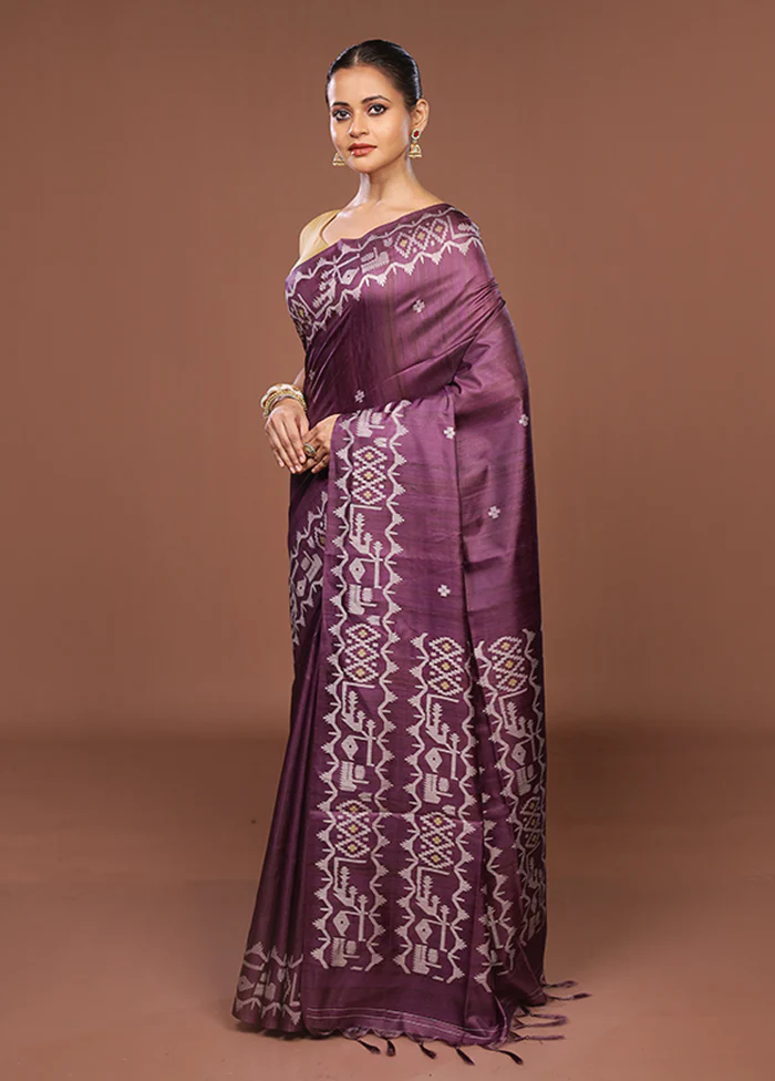 Purple Tussar Silk Saree With Blouse Piece - Image 4