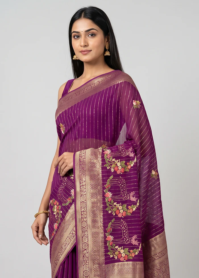 Purple Tussar Silk Saree With Blouse Piece - Image 2